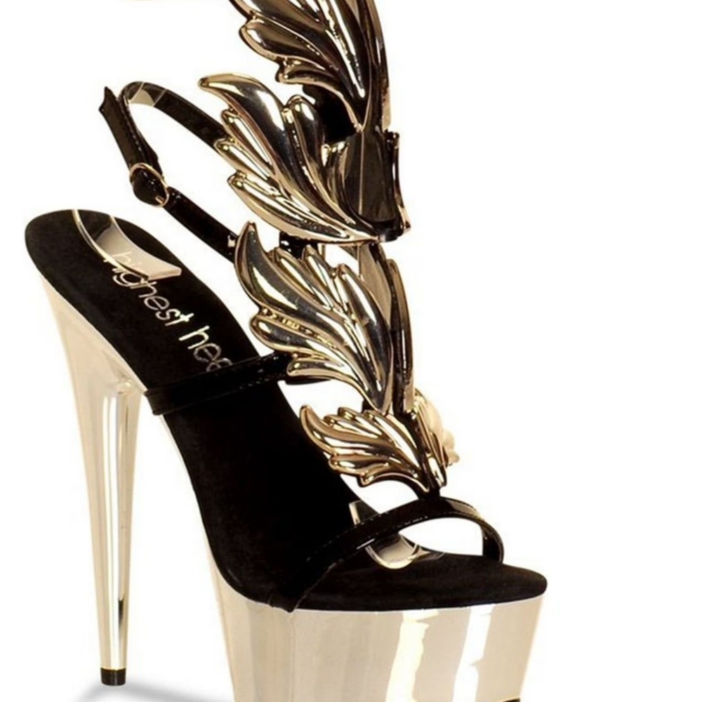 Elegant Black and Gold Wings Platform Heels NWT Size 10 NWOT - Picture 2 of 8